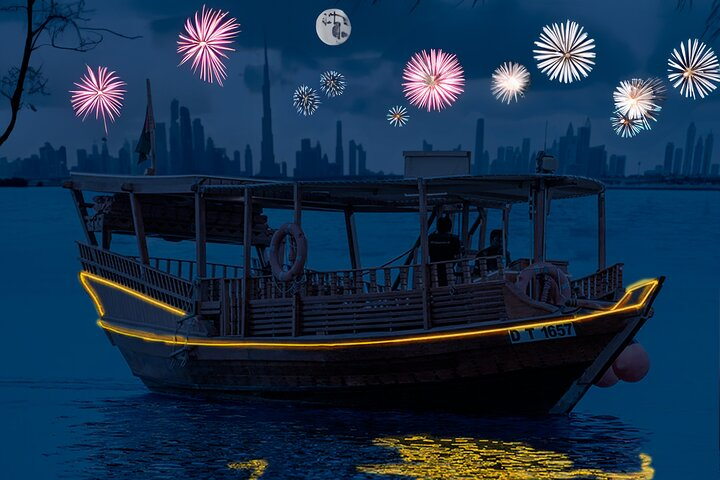 Experience the magic of Dubai’s skyline as you glide on a wooden abra sipping soft drinks while watching the sky come alive with spectacular fireworks at midnight.